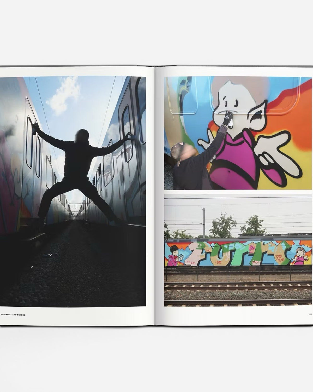 Art In Transit And Beyond book features graffiti art on trains, including a silhouette of a person spray painting a train and colorful graffiti pieces.