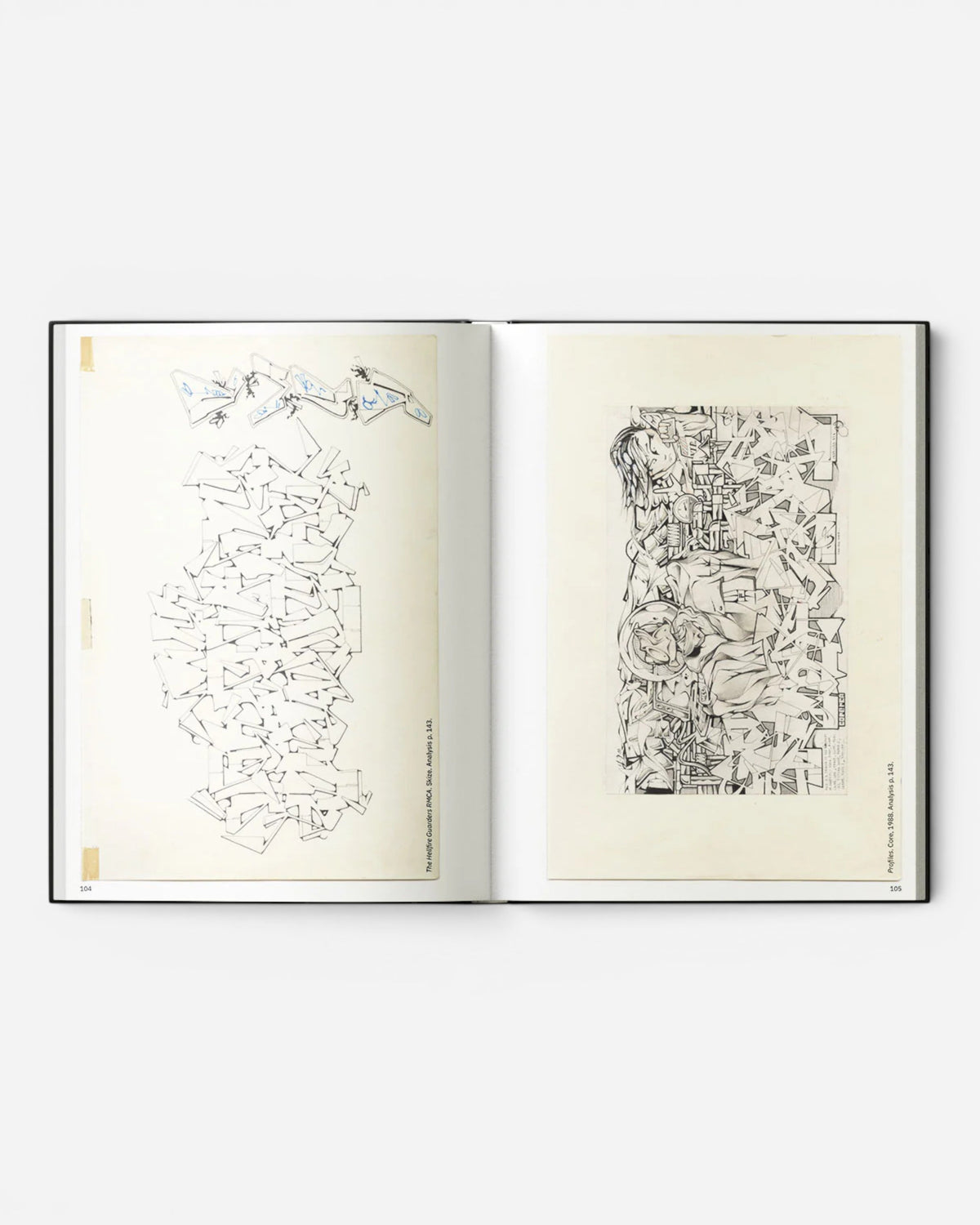 Astrofat Blackbook Legacy TSC x NSA book featuring graffiti sketches and analysis on pages 104 and 105.