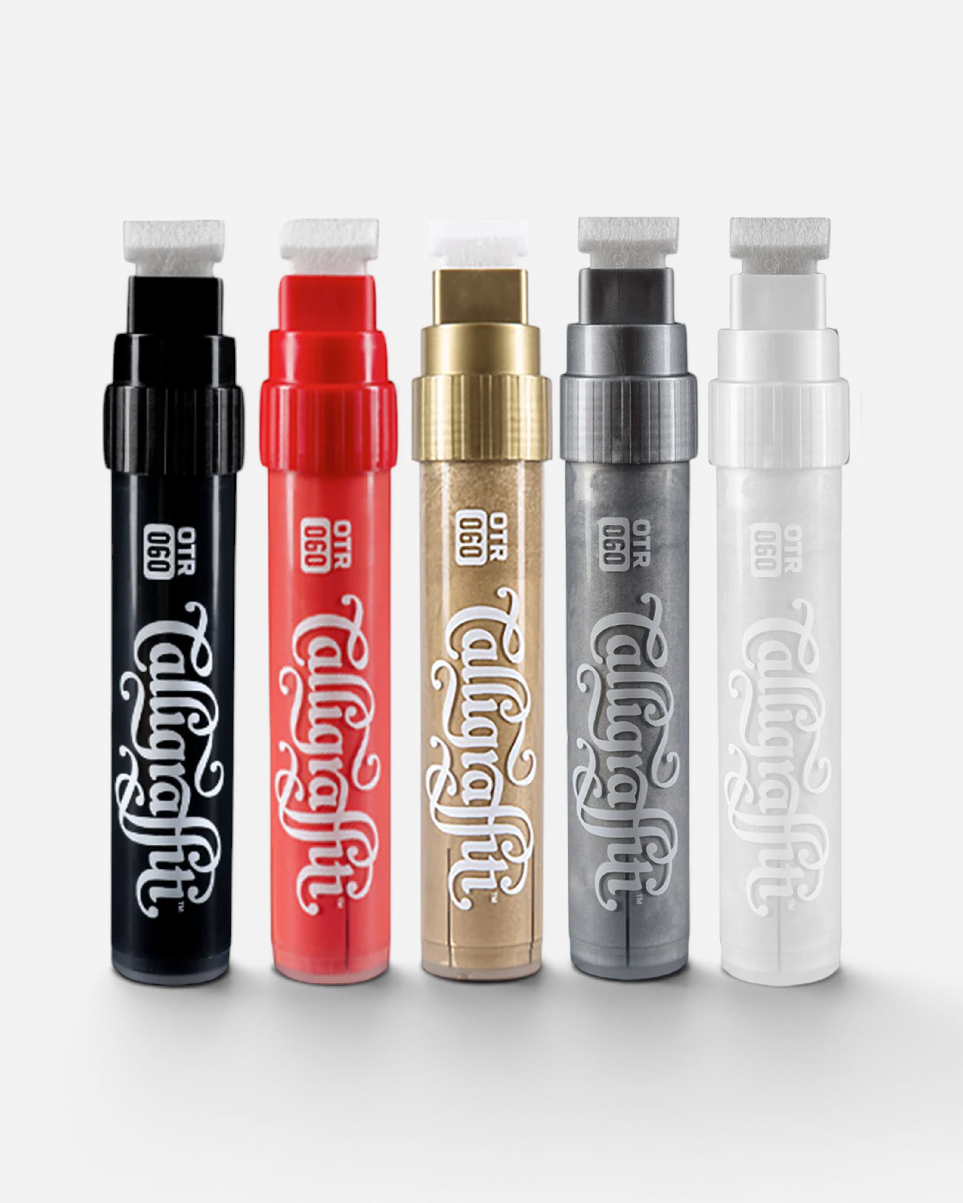 Astrofat OTR.060C Calligraffiti markers in black, red, gold, grey, and white with 20mm T-wide nibs.