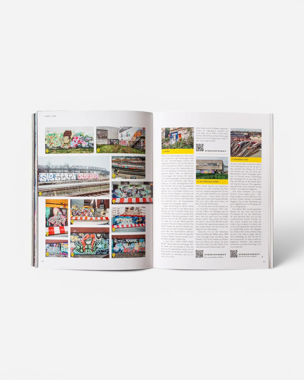Open pages of Astrofat EINE STADT WIRD BUNT. FLASHBACK book featuring Hamburg graffiti history, photos, and text.