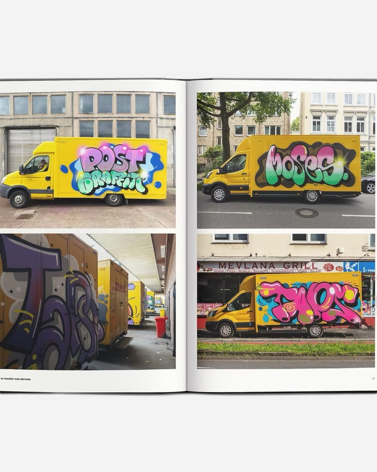 Astrofat Art In Transit And Beyond Hallenkunst book features yellow vans covered in colourful graffiti art. Multiple graffiti styles and colours are visible.