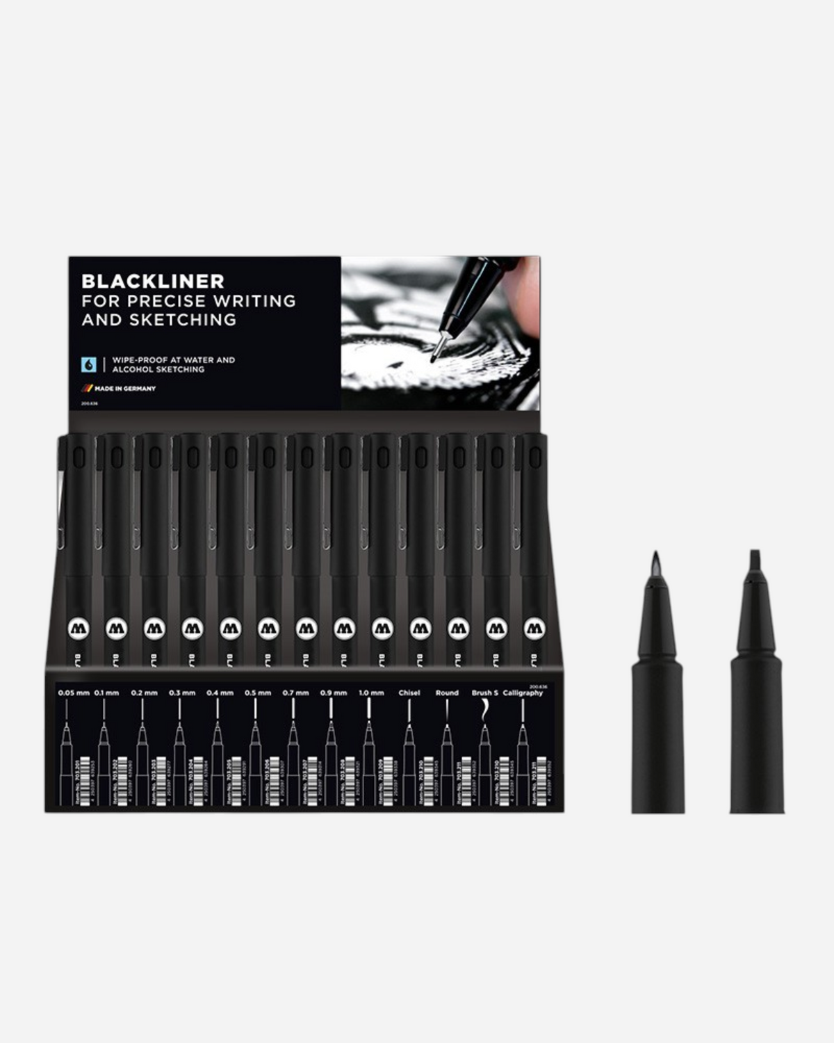 Astrofat Molotow Blackliner sales display featuring 78 assorted black pigment markers for precise writing and sketching.
