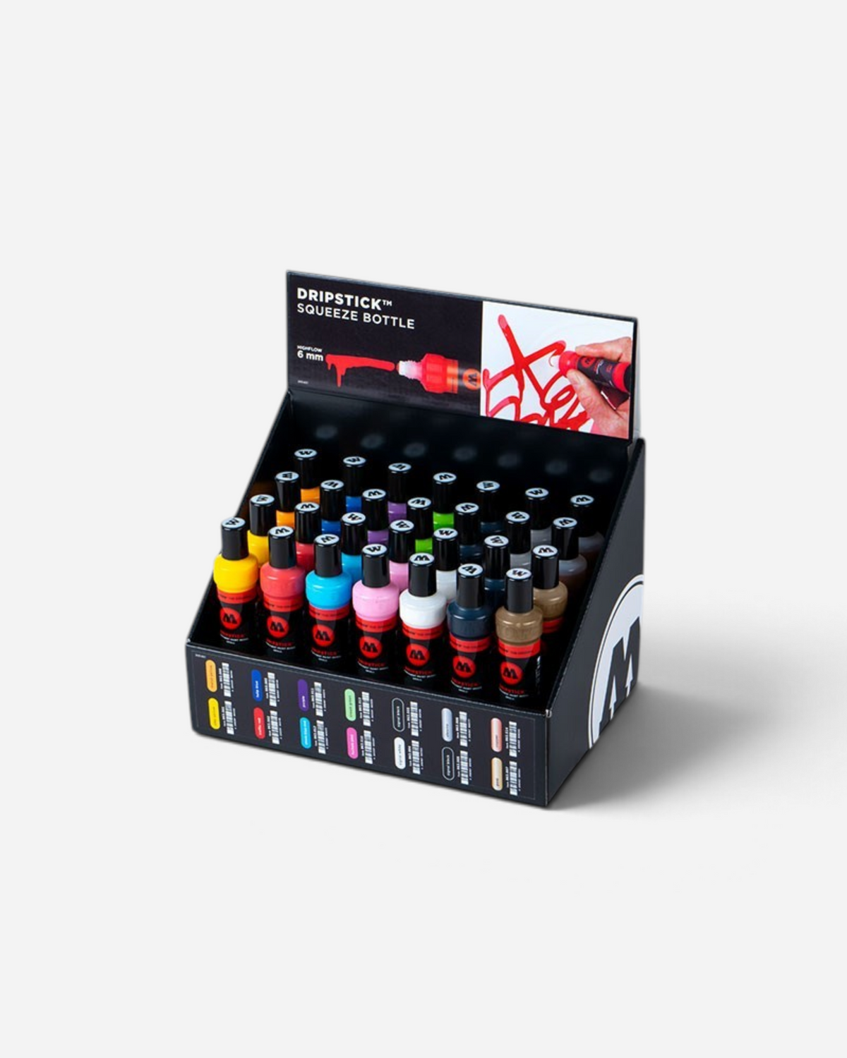 Astrofat Molotow Dripstick squeeze bottle marker display stand featuring 36 assorted colourful paint markers