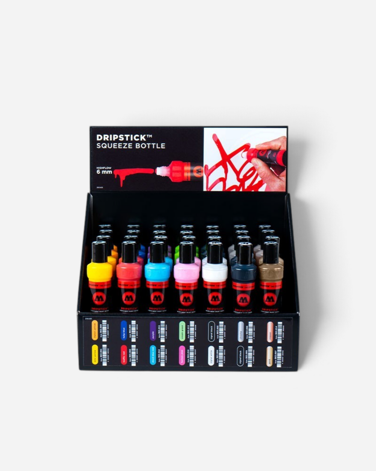 Astrofat Molotow Dripstick squeeze bottle marker sales display featuring 36 assorted permanent paint markers