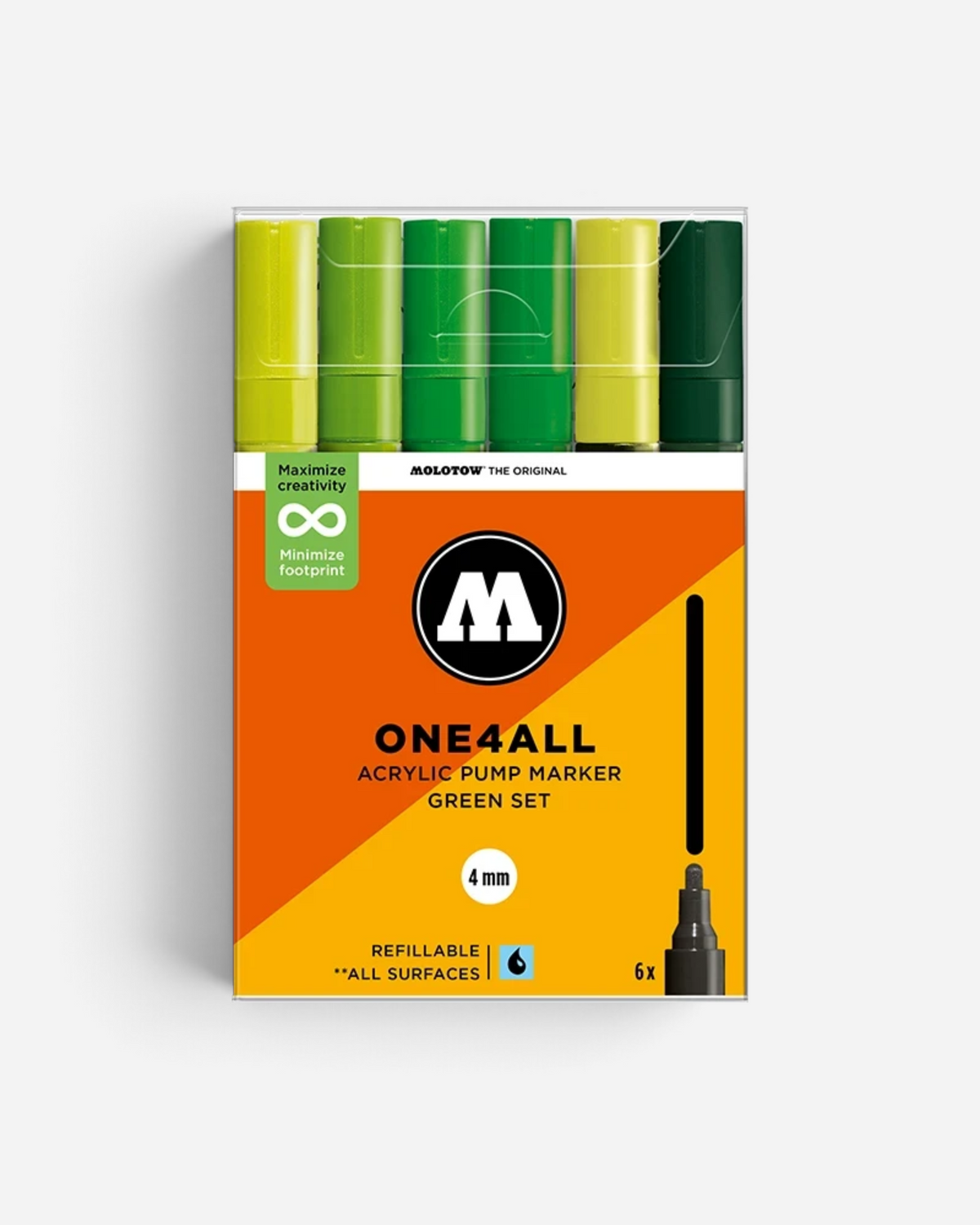 Astrofat Molotow One4All acrylic marker set featuring six shades of green with 4mm round tips in a display box
