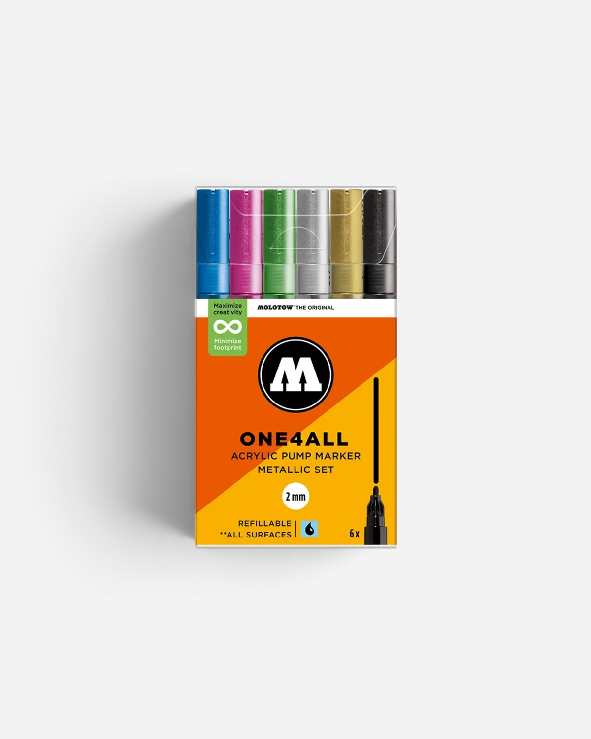Astrofat Molotow One4All 2mm metallic acrylic marker set featuring six vibrant refillable paint pens in a box.