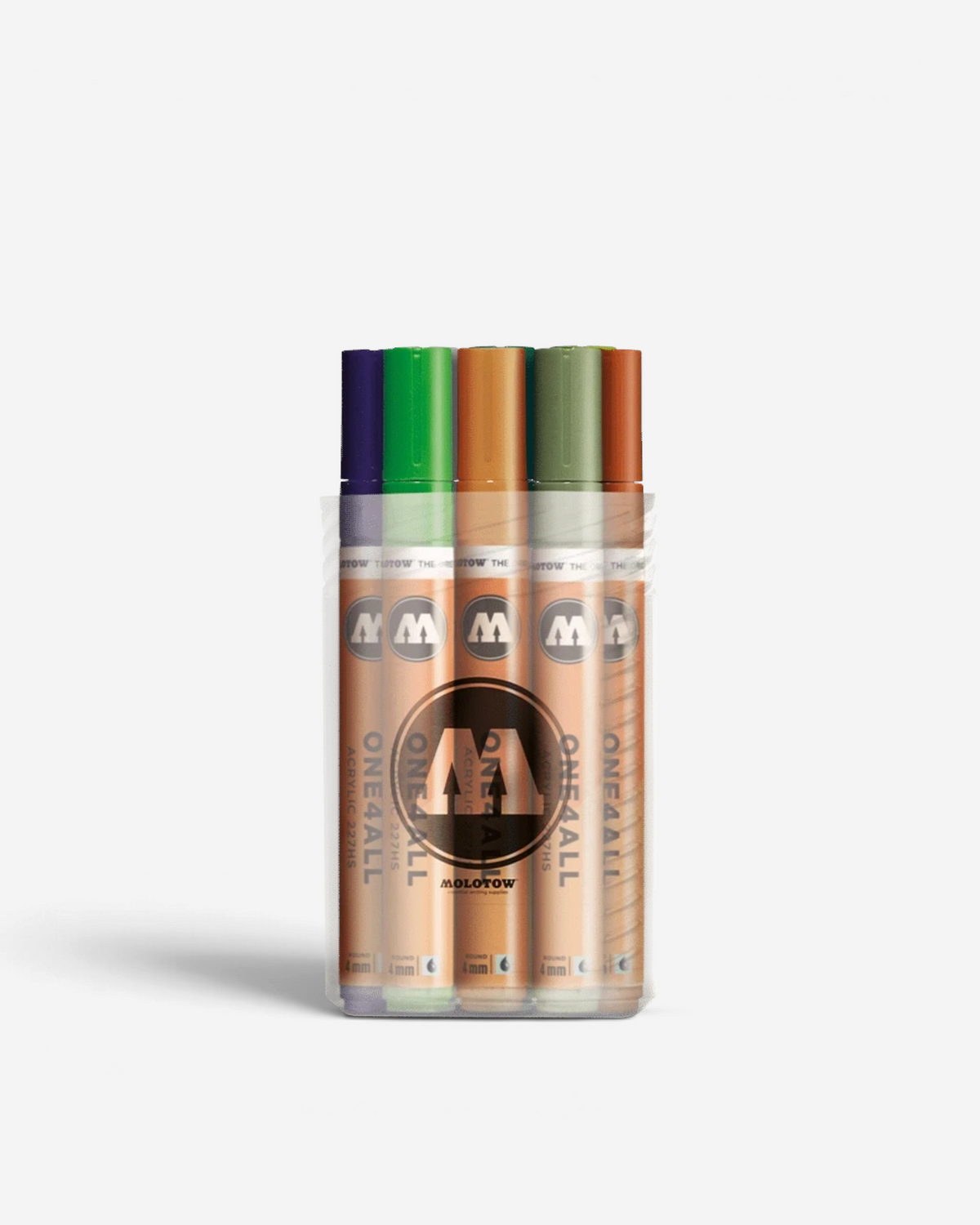 Astrofat Molotow One4All 4mm acrylic marker set featuring 12 assorted vibrant colours in a clear storage box