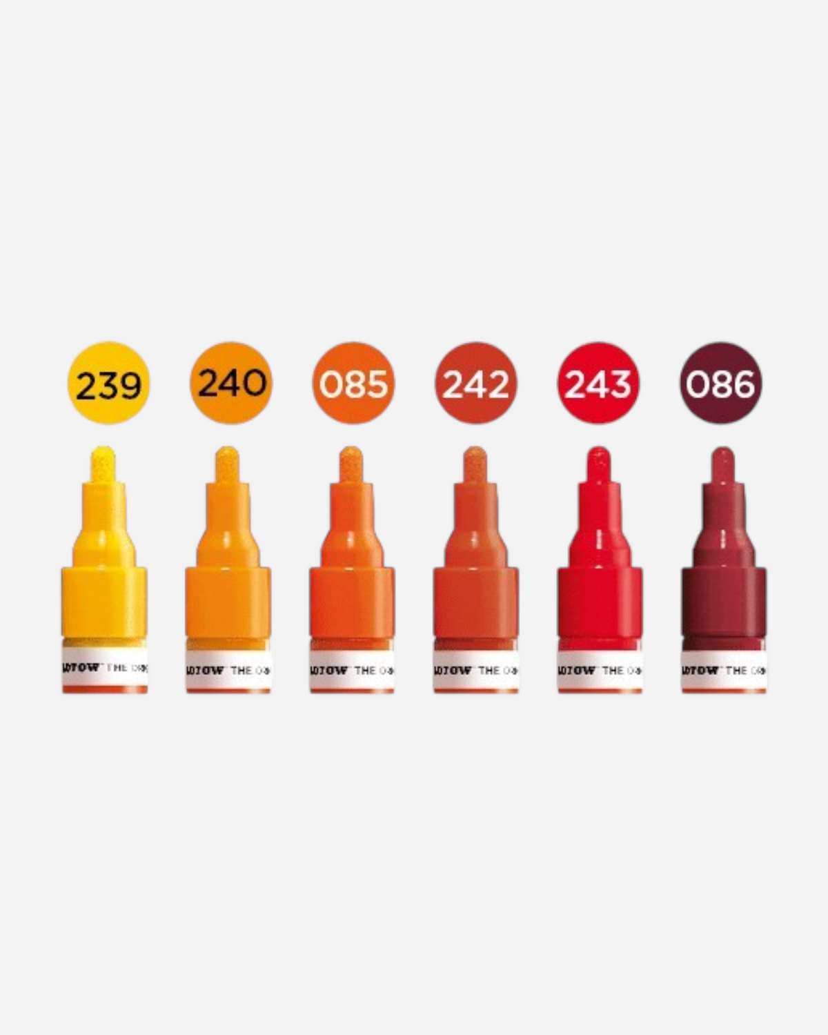 Astrofat Molotow One4All 4mm acrylic marker set featuring six warm-toned colors from yellow to deep burgundy