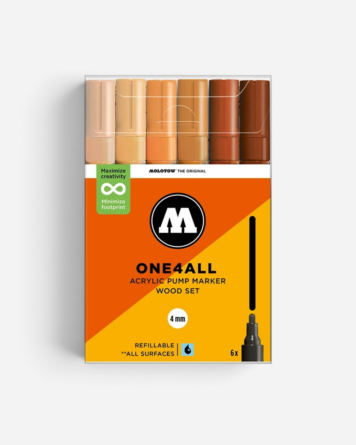 Astrofat Molotow One4All acrylic marker set in earth tones with 6 refillable 4mm markers for various surfaces.