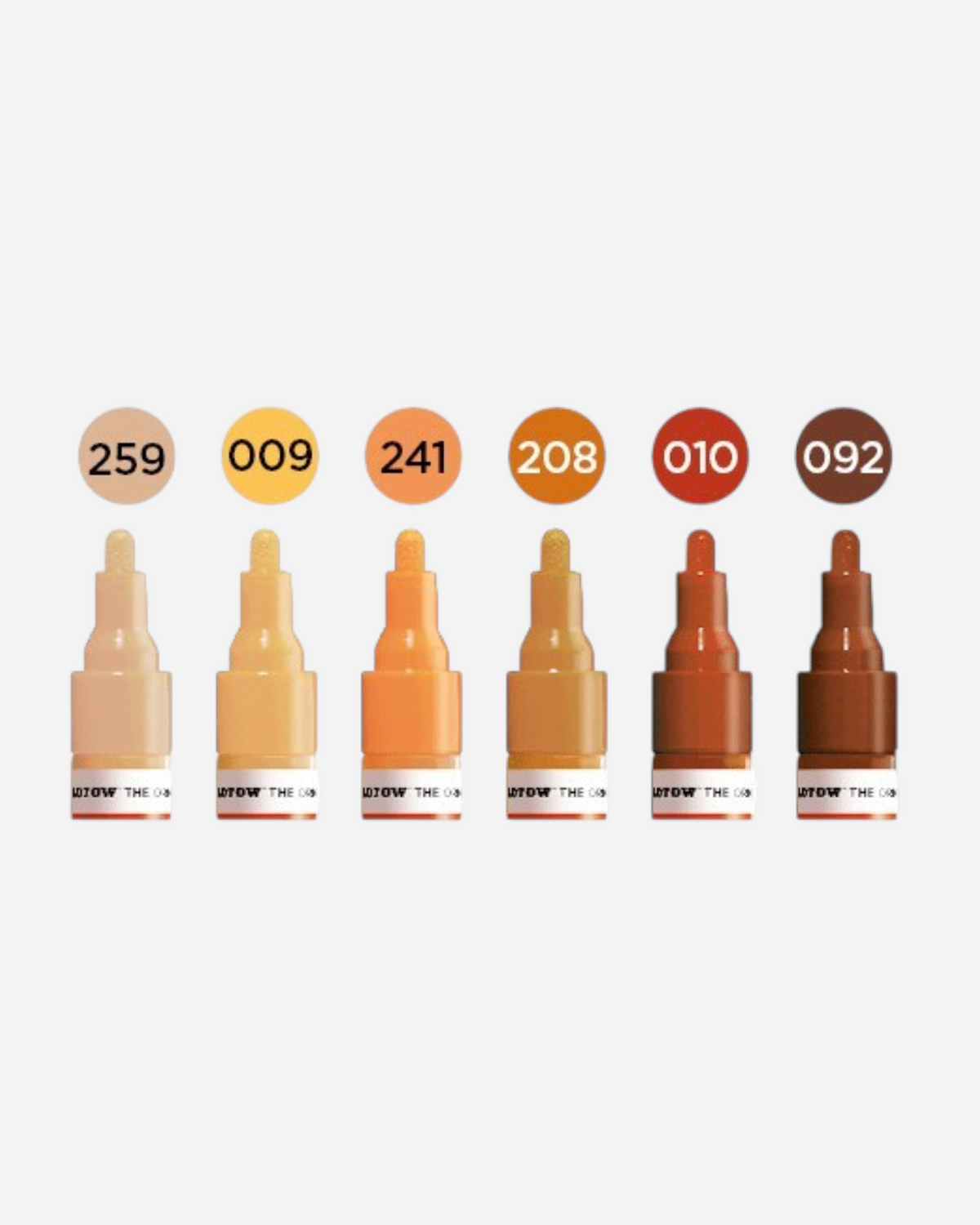 Astrofat Molotow One4All acrylic marker set featuring 6 earth tone shades with 2mm round tips for various surfaces.