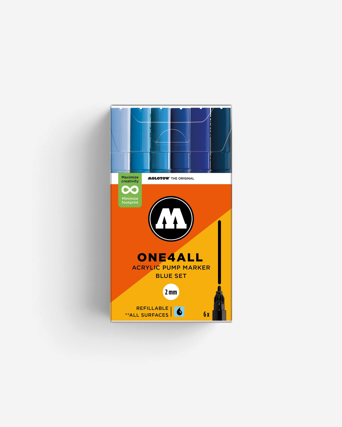 Astrofat Molotow One4All 2mm acrylic marker set featuring six blue shades in a clear plastic storage case.