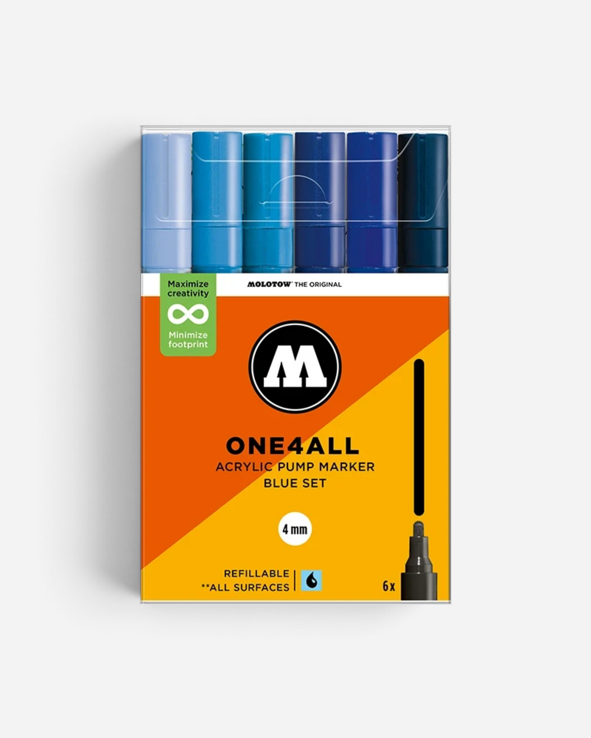 Astrofat Molotow One4All acrylic marker set featuring six blue shades with 4mm round tips in a clear plastic case.