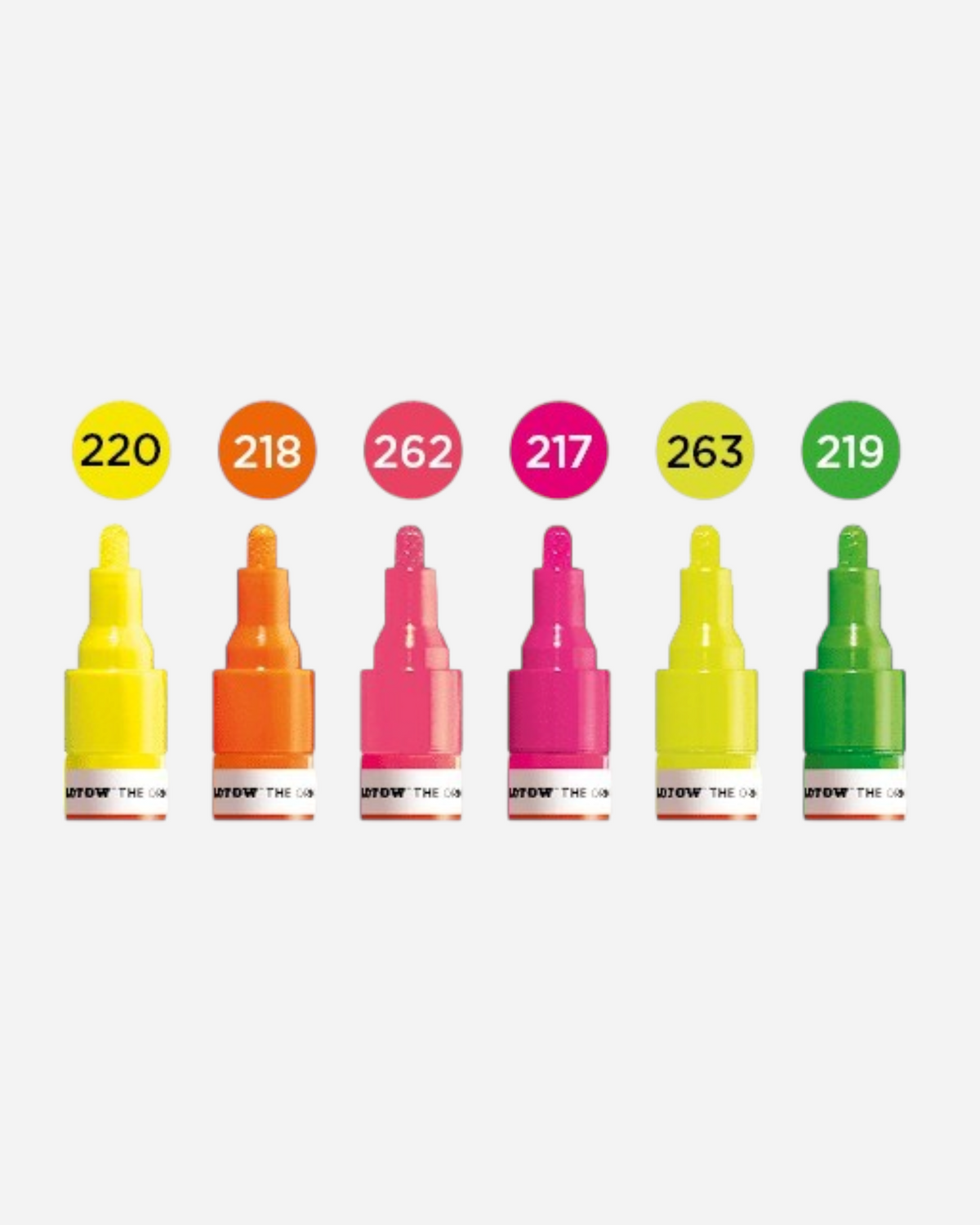 Astrofat Molotow One4All acrylic marker set featuring six vibrant neon fluorescent colors with 2mm round tips.