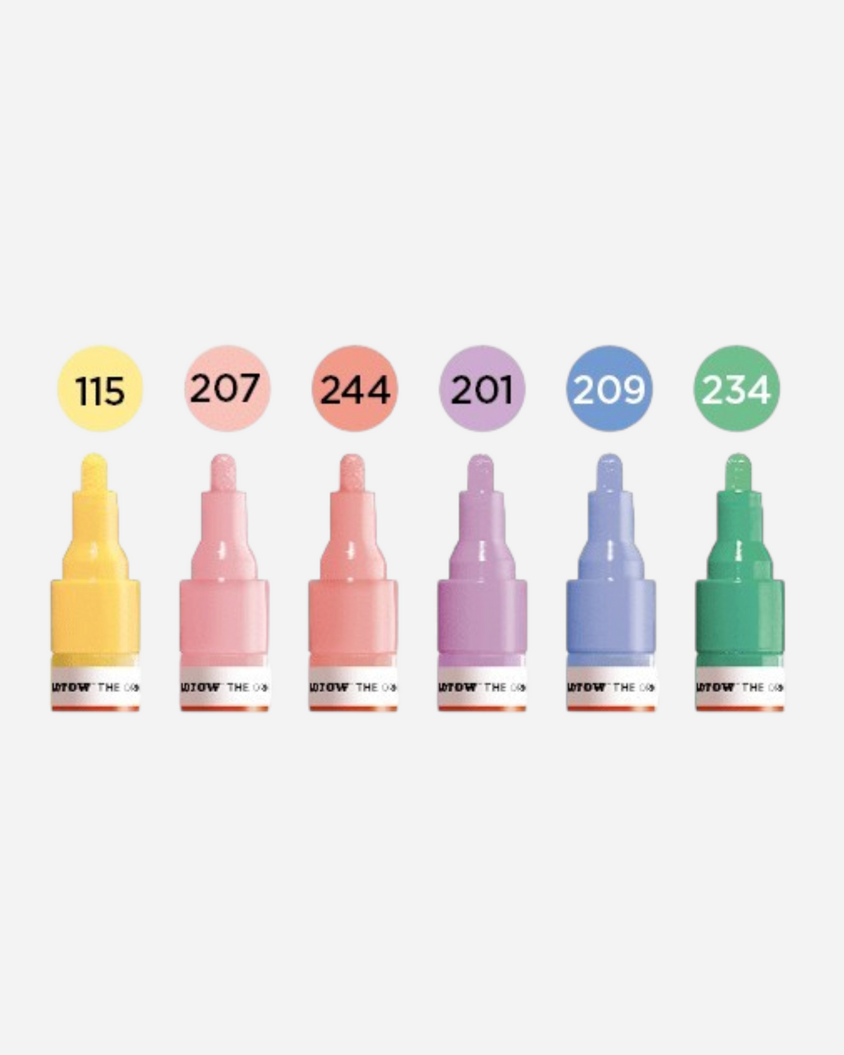Astrofat Molotow One4All acrylic marker set featuring six pastel and vibrant colours with 2mm round tips