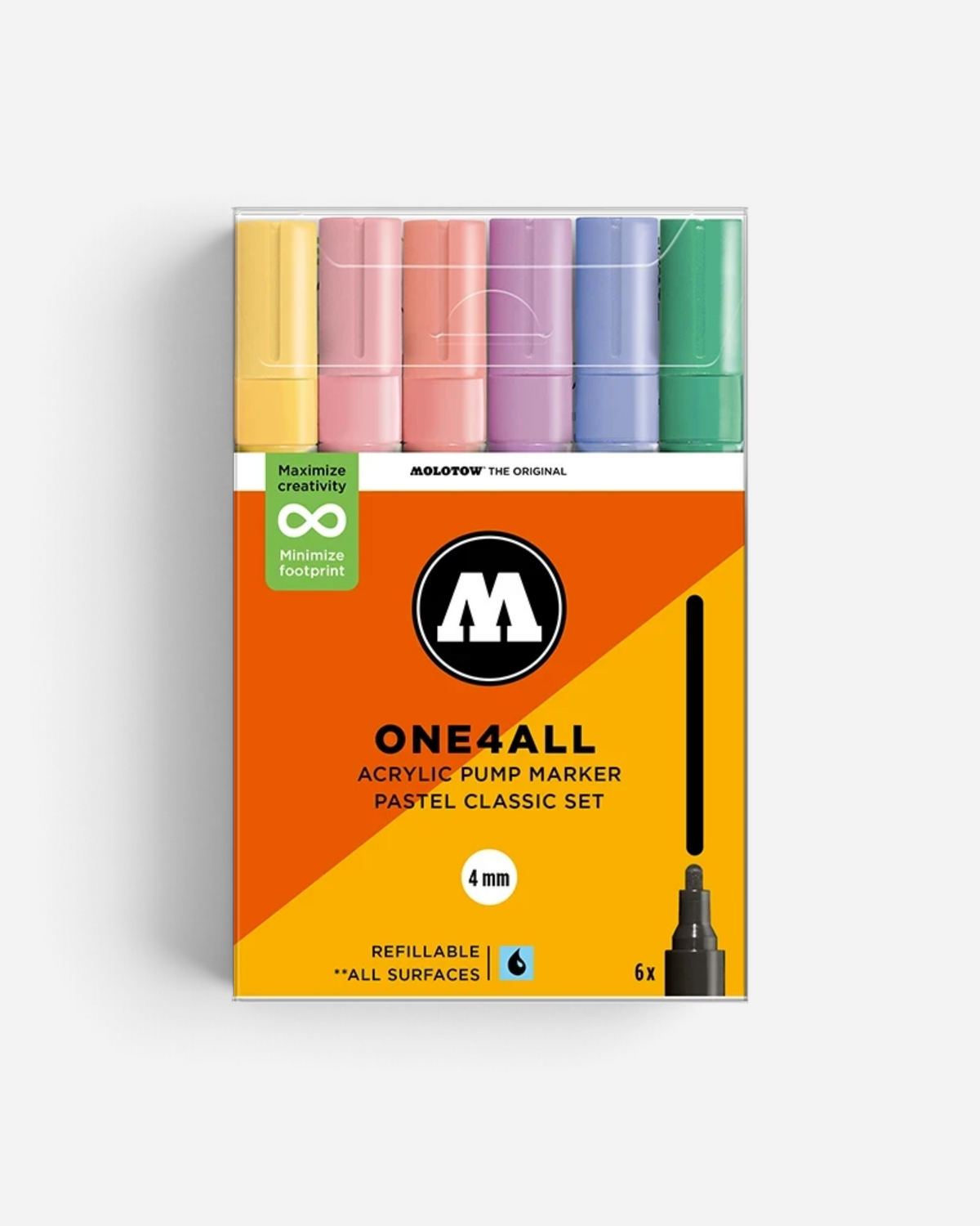 Astrofat Molotow One4All acrylic marker set featuring six pastel-colored refillable pump markers with 4mm tips.