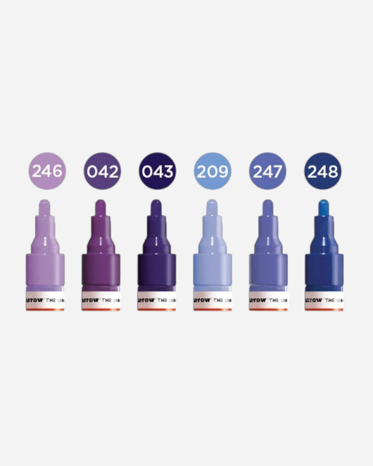 Astrofat Molotow One4All acrylic marker set featuring six violet and blue shades with 2mm round tips