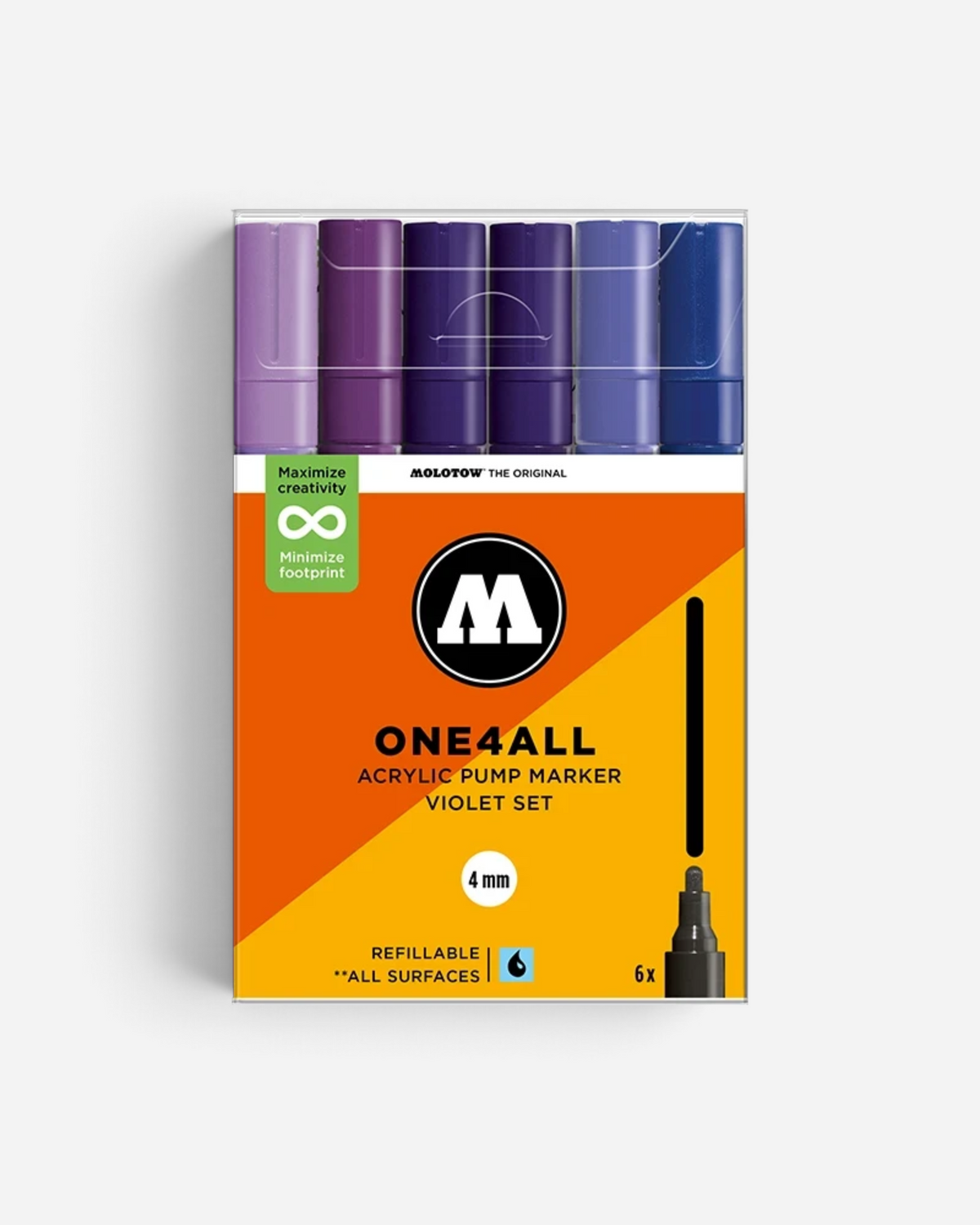 Astrofat Molotow One4All acrylic marker set featuring six violet and blue shades with 4mm round tips in packaging.