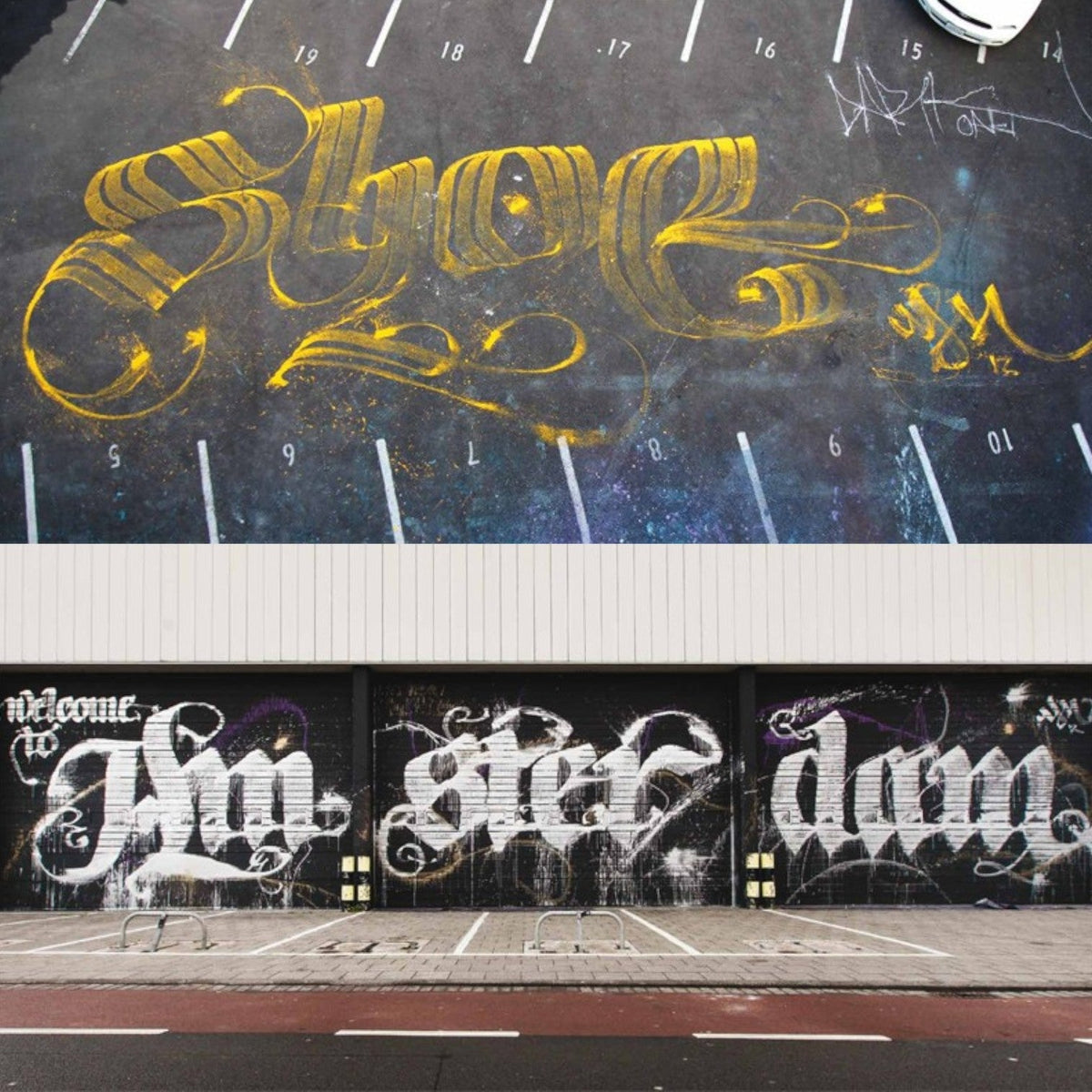 Astrofat Niels Shoe Meulman Painter graffiti art on a black garage door with white and purple spray paint.
