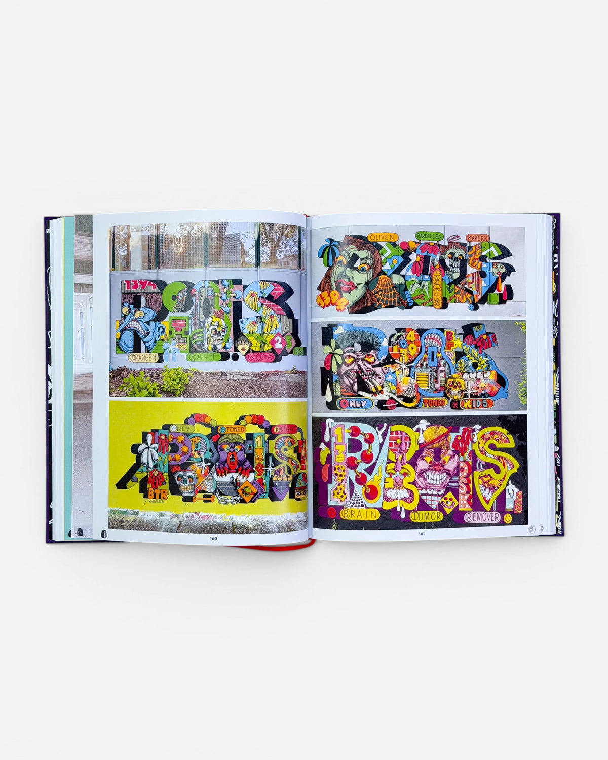 Astrofat RIOT1394 Ultraworld book open to pages 160-161, showcasing vibrant graffiti art, murals, and illustrations with bold lettering and cartoonish characters.