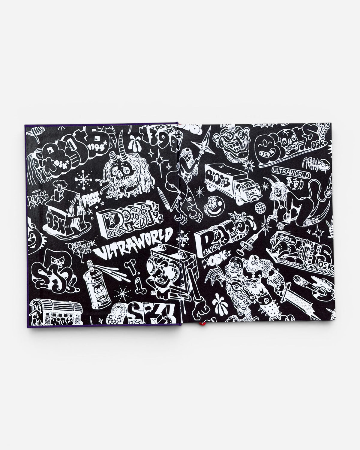 Astrofat RIOT1394 Ultraworld book cover featuring black and white graffiti art with monsters, spray cans, and text.