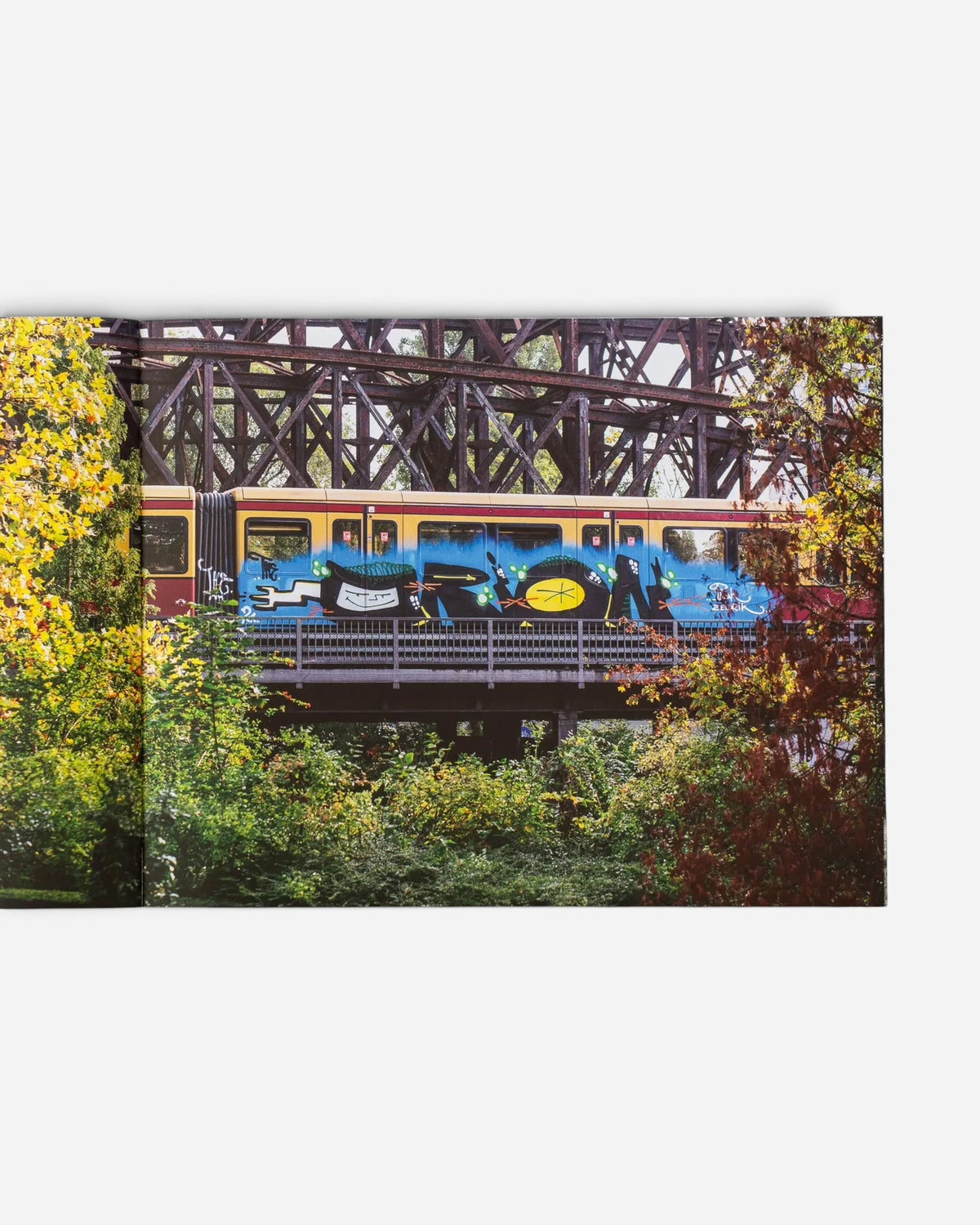 Astrofat Schriftzüge photobook open to a page showing a graffiti-covered Berlin S-Bahn train on a railway bridge.