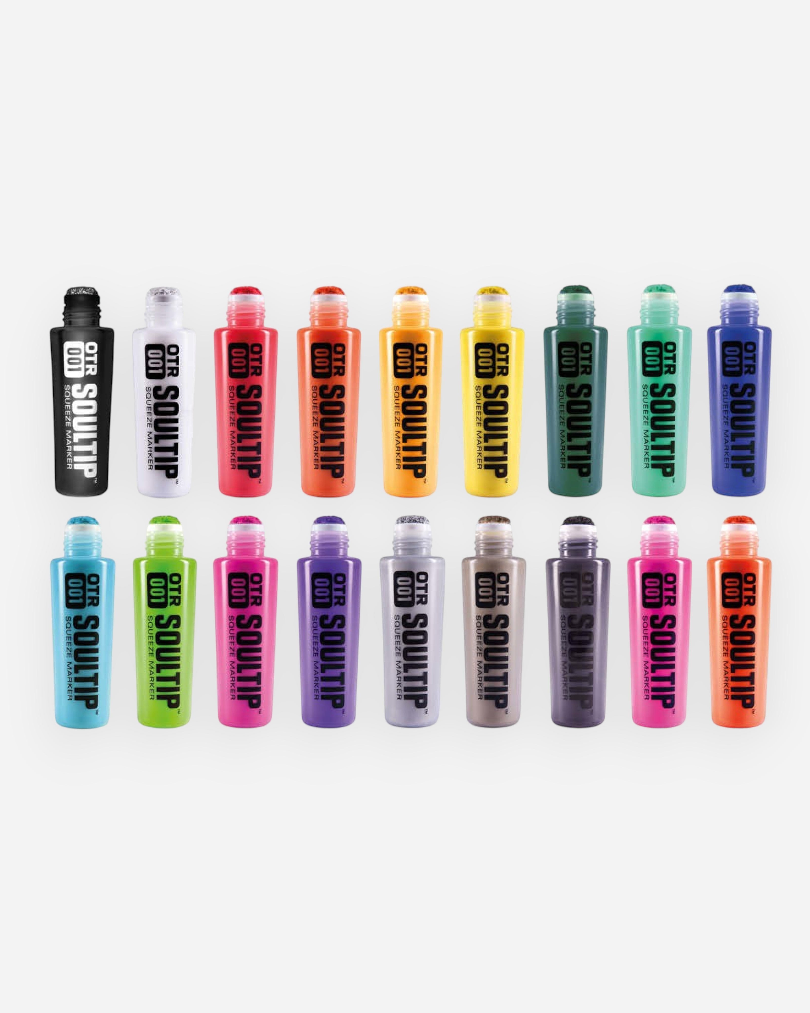 Astrofat OTR.001 Soultip Squeeze Marker 22mm in various colors, featuring a 120ml refillable bottle and a 22mm round tip.