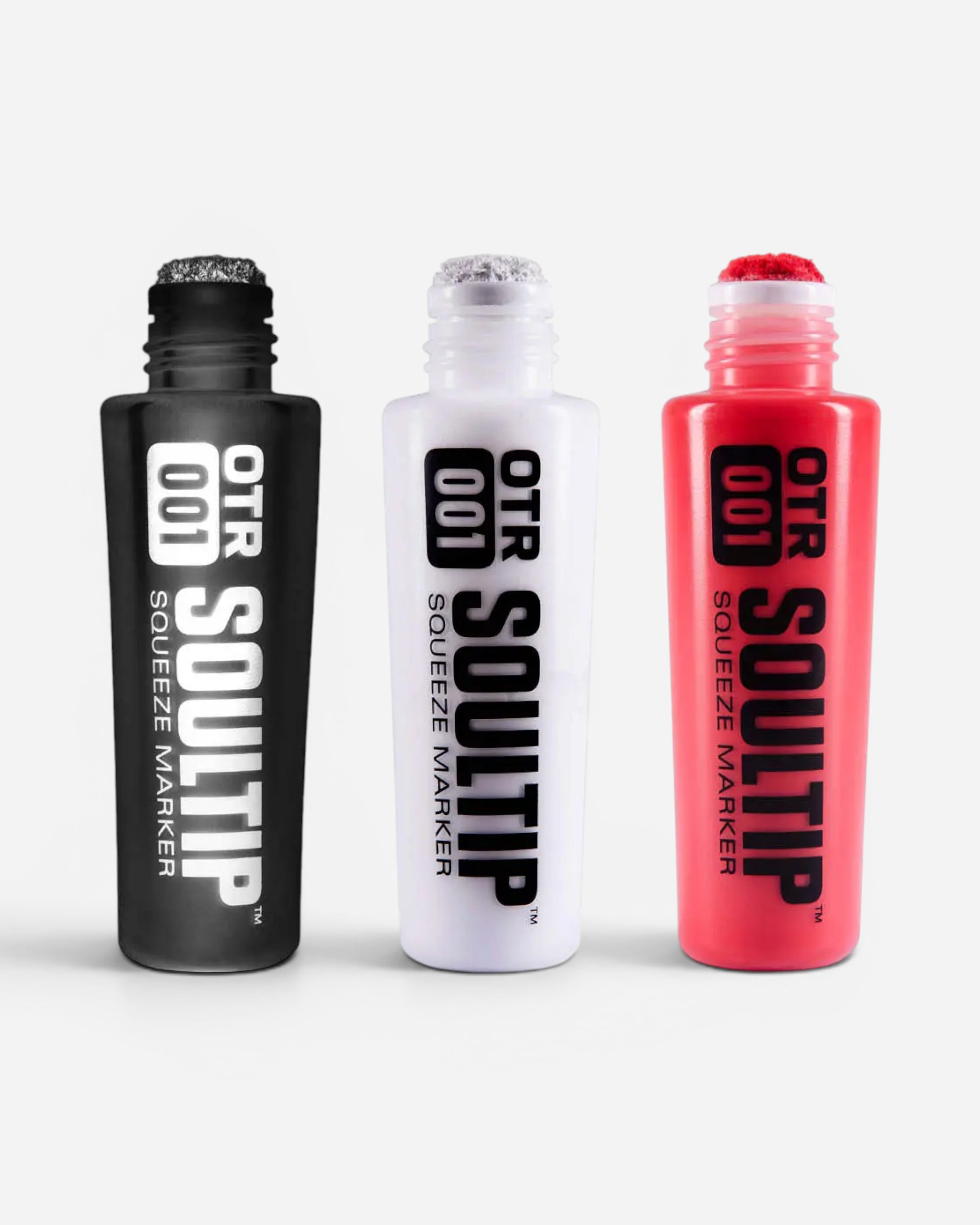 Astrofat OTR.001 Soultip Squeeze Marker in black, white, and blazing red with 22mm round tips. Refillable 120ml paint markers.