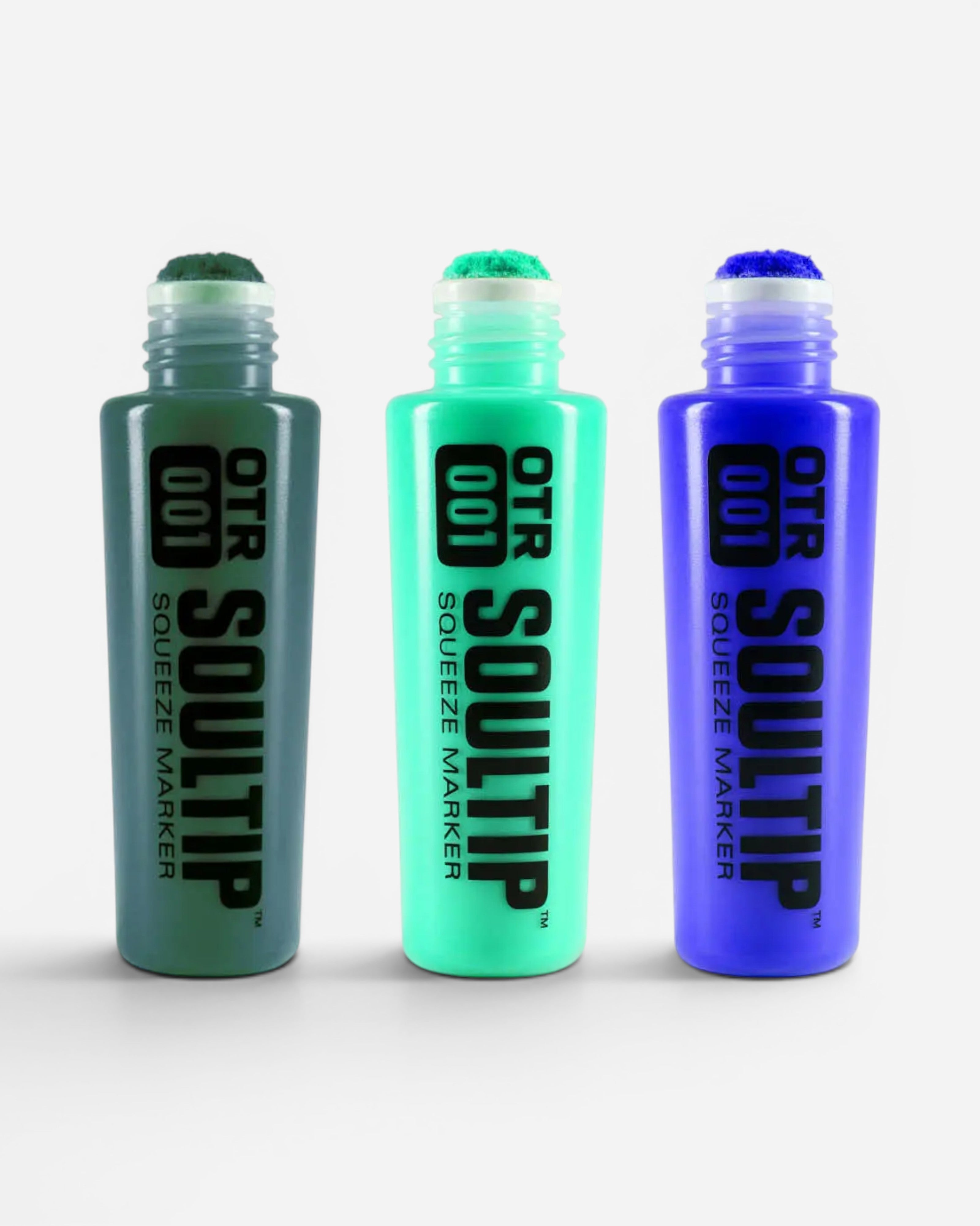 Astrofat OTR.001 Soultip Squeeze Marker 22mm in green, green pastel, and royal blue. Features a 120ml refillable bottle and a 22mm round tip.