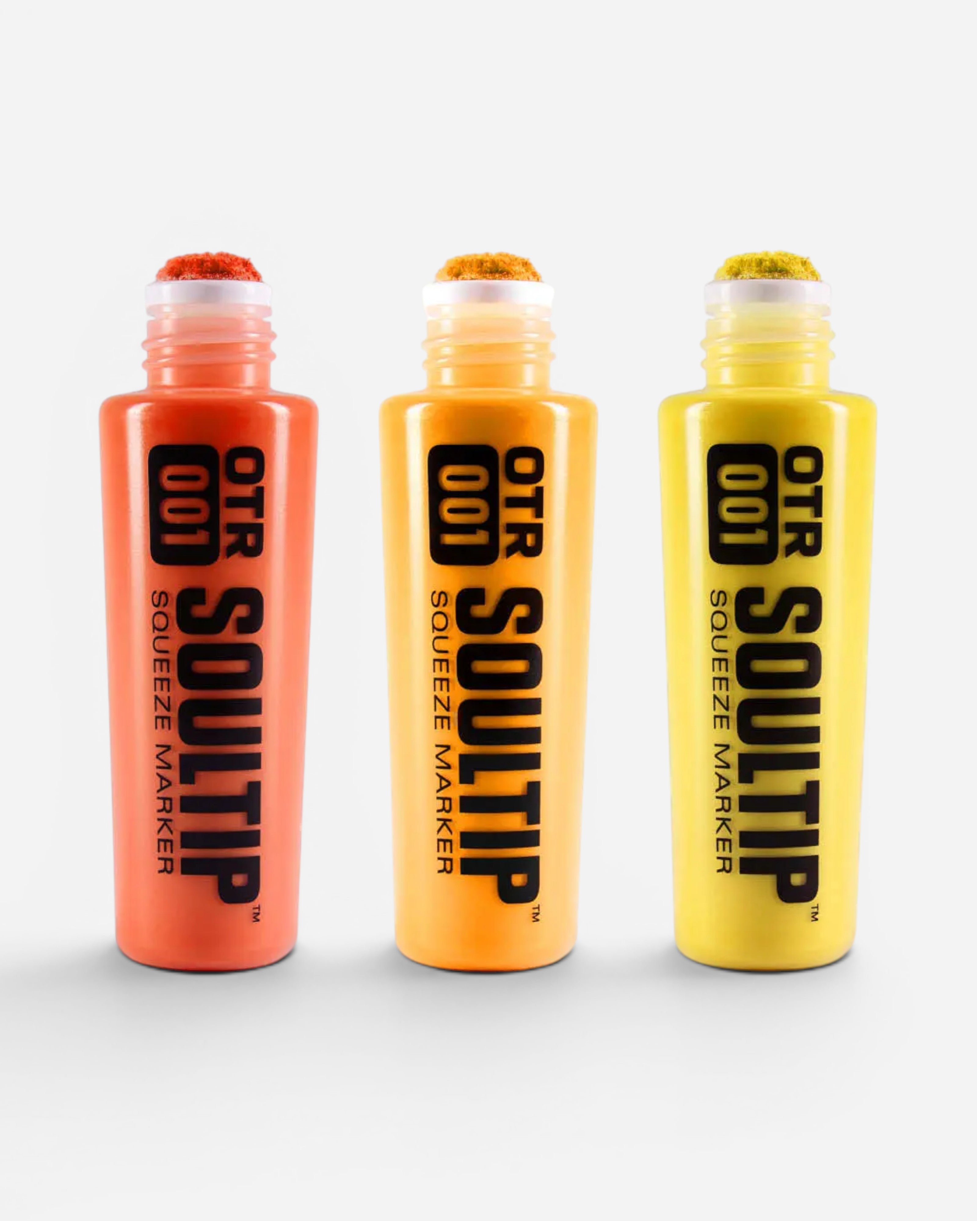 Astrofat OTR.001 Soultip Squeeze Marker 22mm in orange, light orange, and yellow. Features a 120ml refillable bottle and a 22mm round tip.