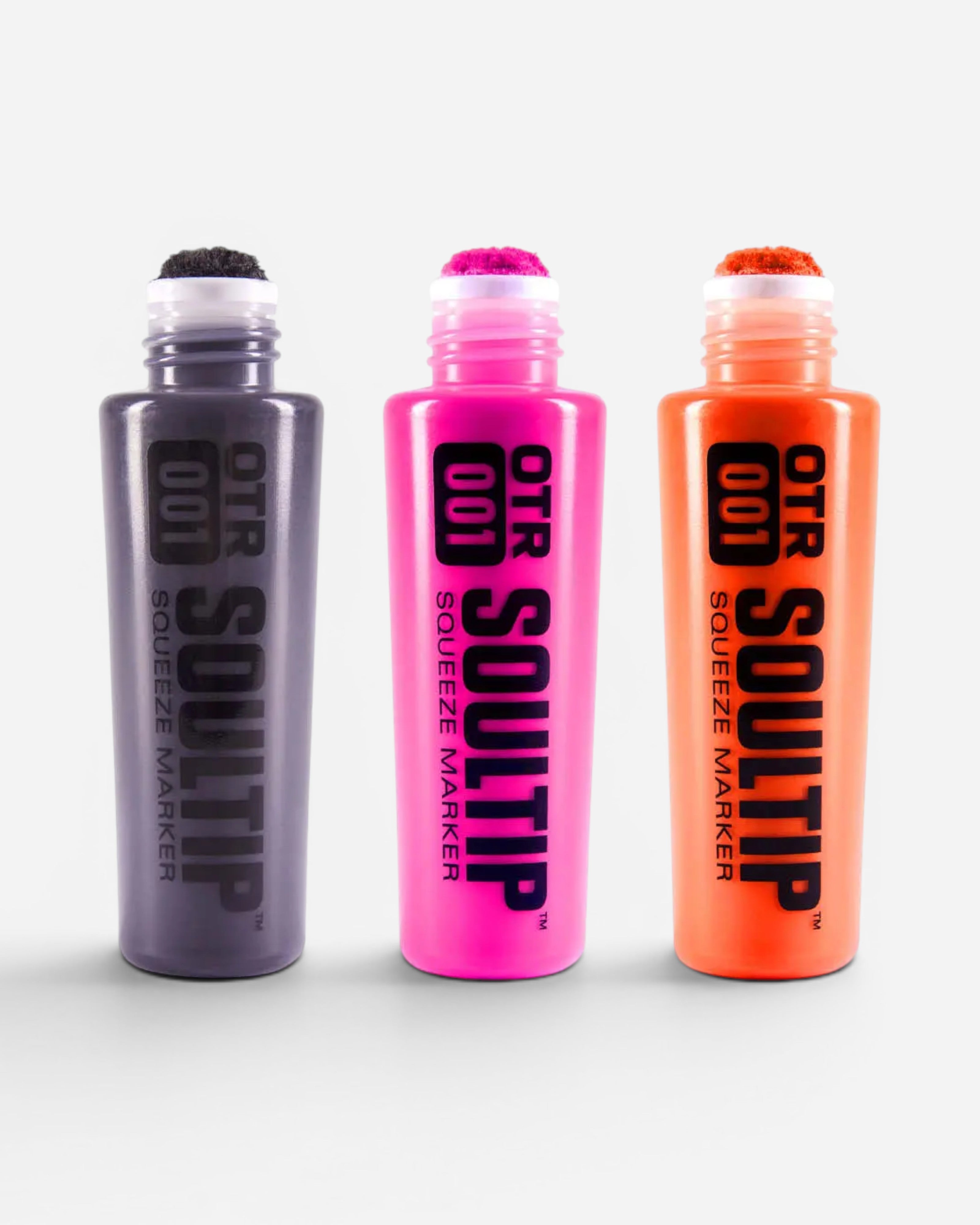 Astrofat OTR.001 Soultip Squeeze Marker in Stainless, Neon Pink, and Signal Orange with 22mm tips.