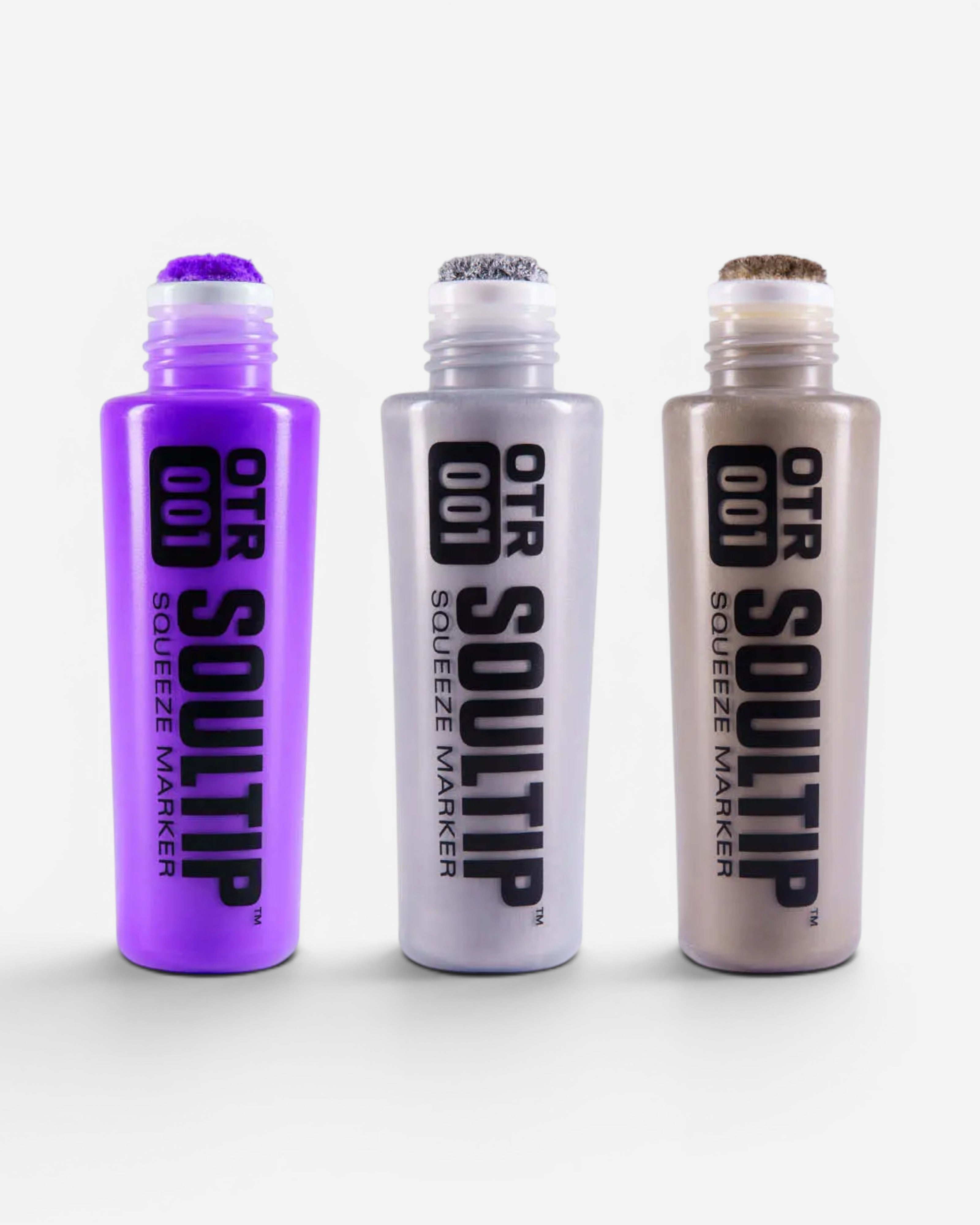 Astrofat OTR.001 Soultip Squeeze Marker in Violet, Chrome Silver, and Chrome Gold with 22mm round tips.