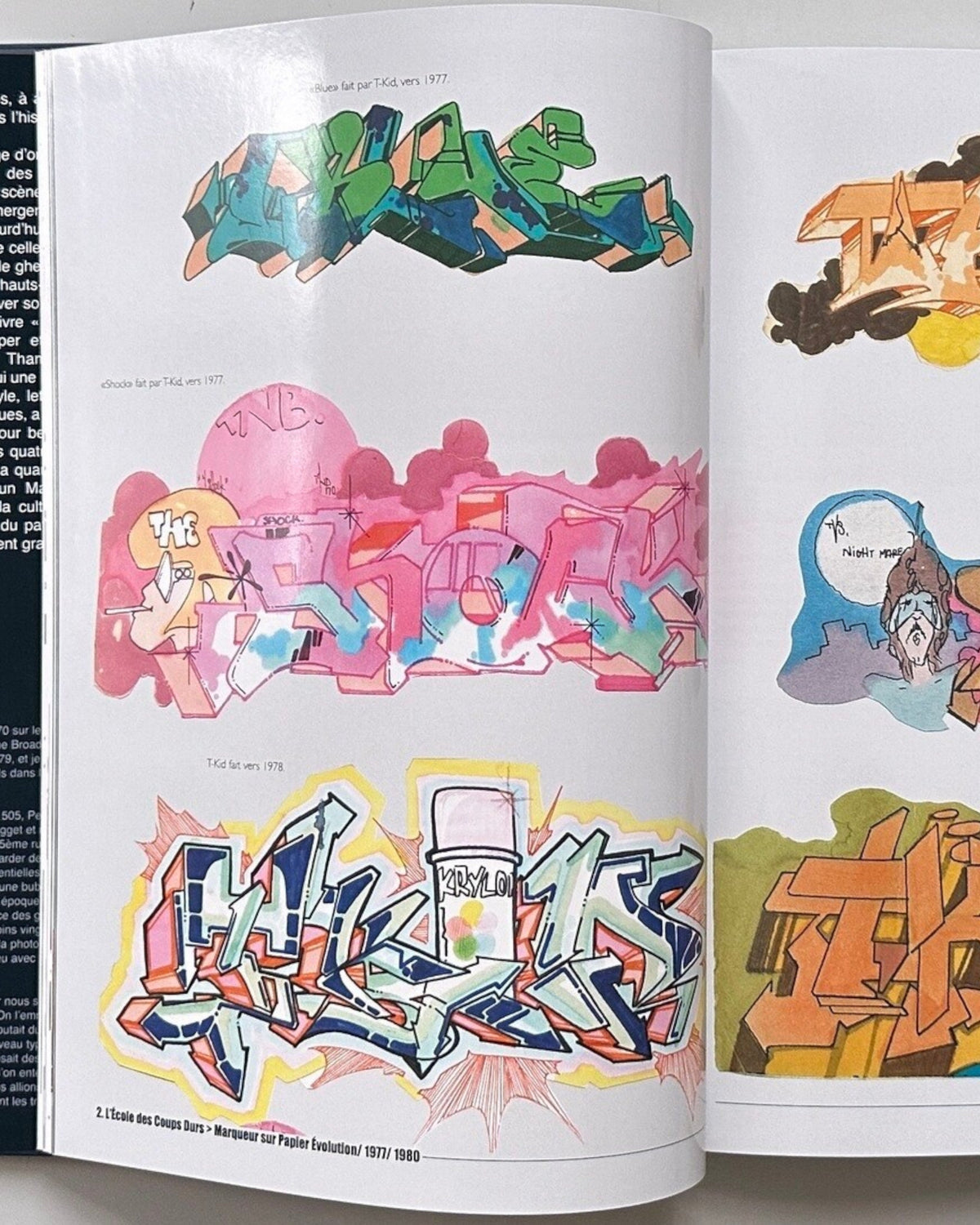 Astrofat book featuring T-Kid 170 graffiti art with vibrant pink, green, and orange lettering. Includes spray paint cans and stylized characters.