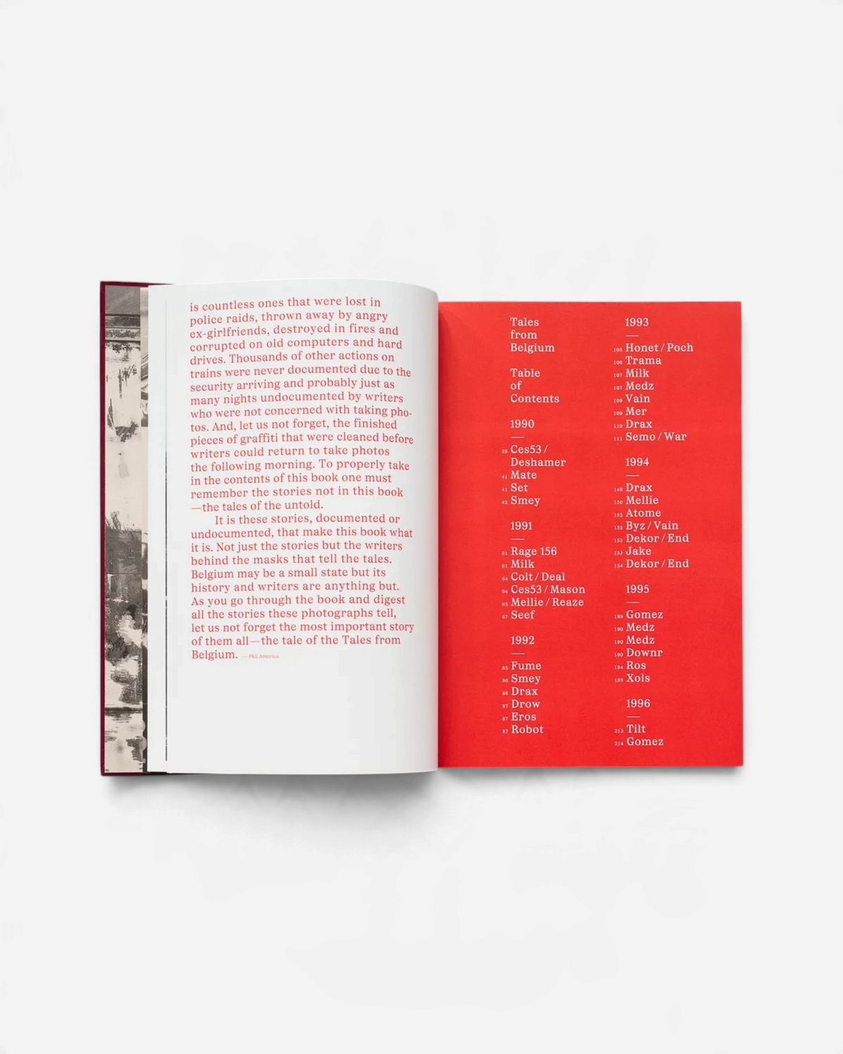 Astrofat Tales from Belgium book open to the table of contents page featuring a red background and white text